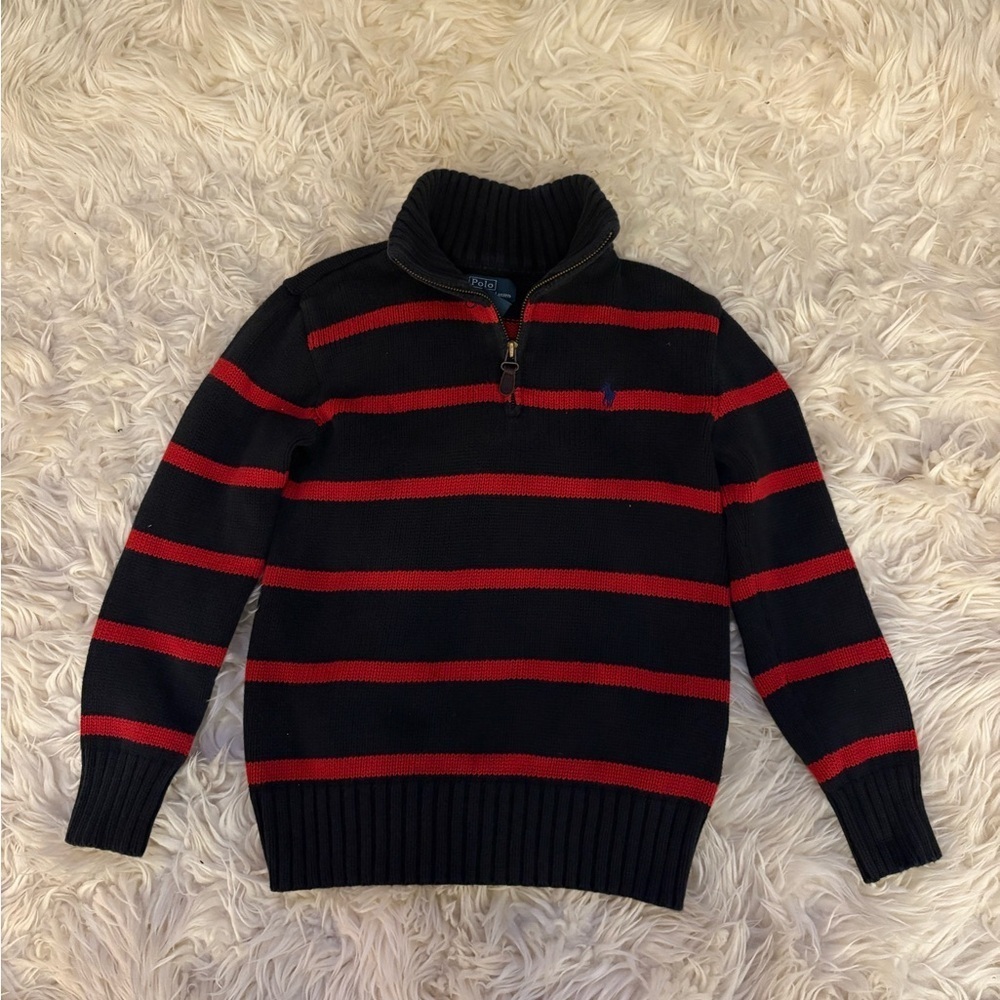 Boys Polo Ralph Lauren Quarter Zip Sweater Knit Black Stripe Sweater Pullover